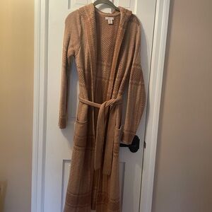 Cozy Tan Duster Sweater with hood and tie